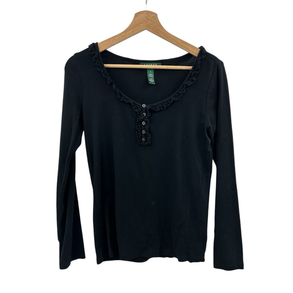 Ralph Lauren Black Ruffle Cotton Buttons Detail Long Sleeve Top